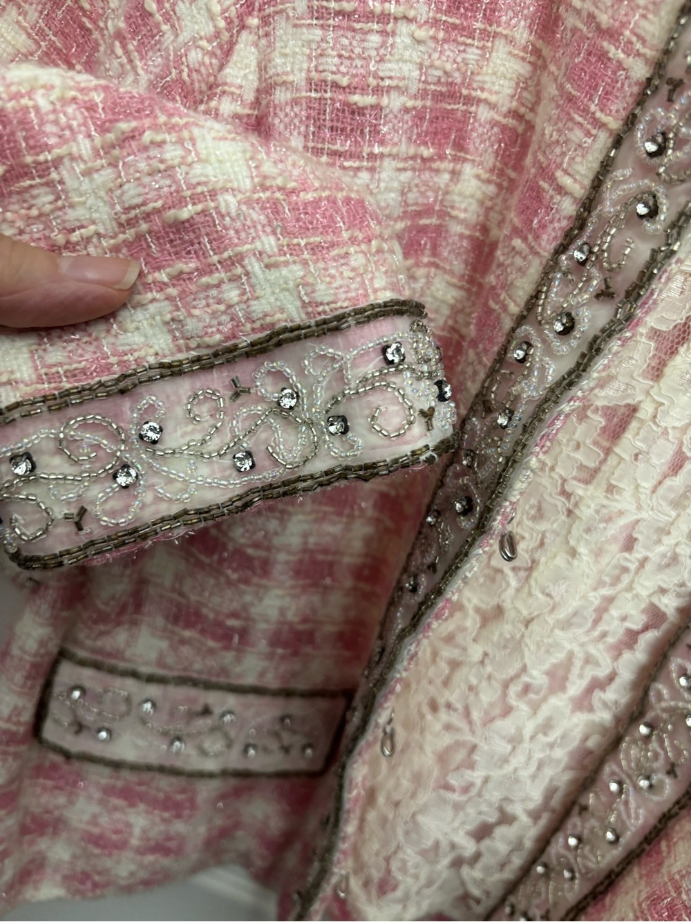Berek by Takako Sakon Pink/Cream Tweed Plaid Embellished Vintage Lace Jacket - Picture 10 of 10